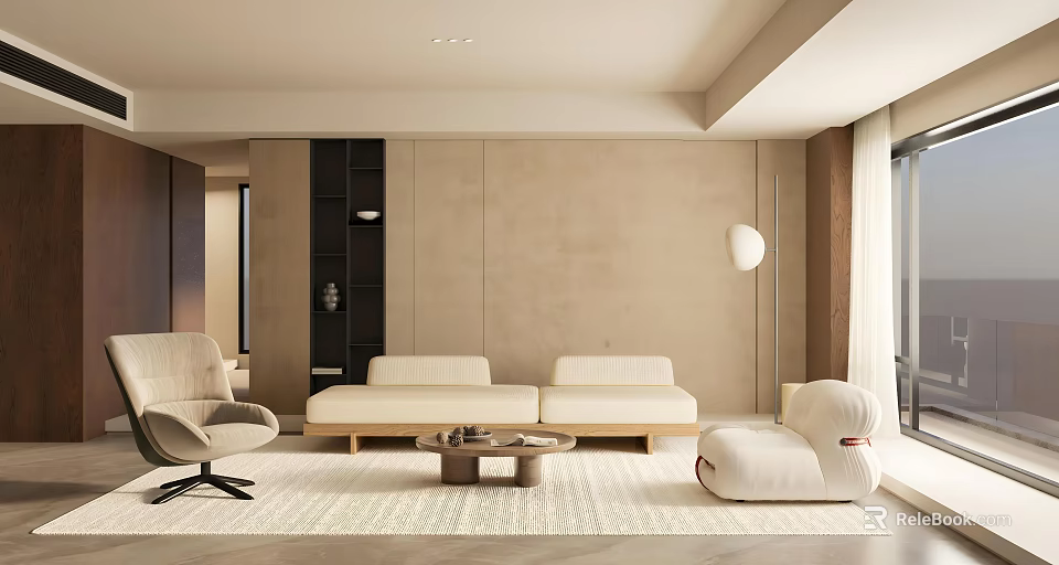 Modern Minimalist Living Dining Room Interior With Neutral Tones Sofa Coffee Table And Pendant Light 3d model 