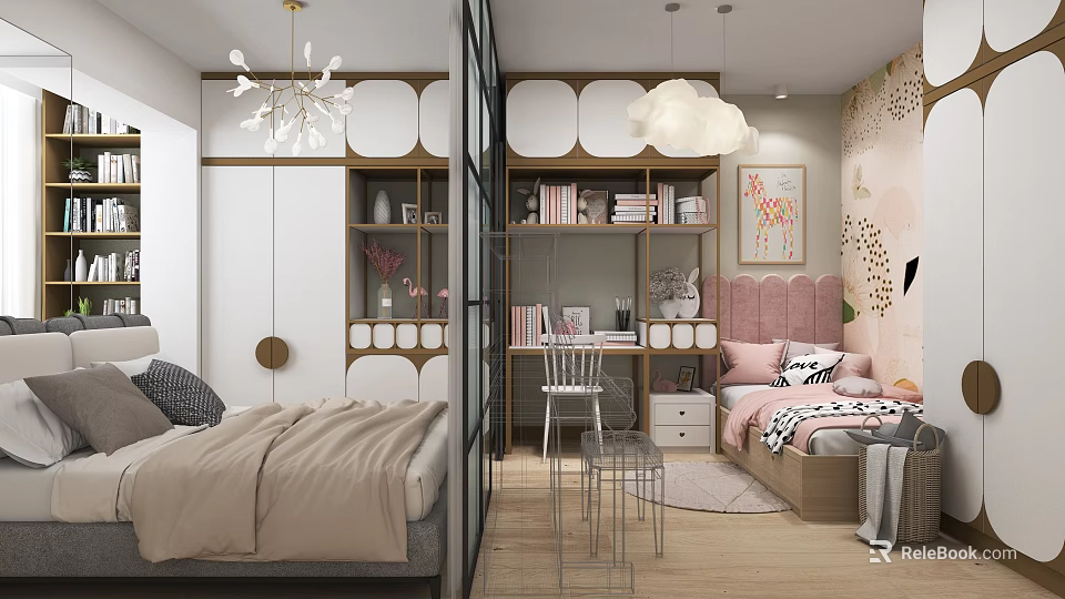 Modern Kids Bedroom With Bed Bookshelves Wall Art And Chandelier 3d model 