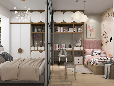 Modern Kids Bedroom With Bed Bookshelves Wall Art And Chandelier 3d model