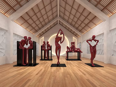 Red Sculptures In Indoor Art Space With Arched Ceiling And Wooden Floor 3d model