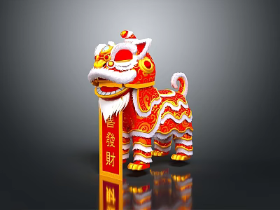 Chinese Lion Dance Statue With Red Gold Patterns And Decorative Banner 3d model