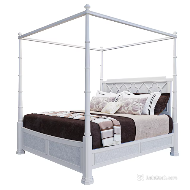White Canopy Double Bed With Carved Headboard Brown Beige Bedding And Decorative Pillows 3d model 