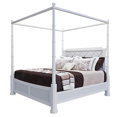 White Canopy Double Bed With Carved Headboard Brown Beige Bedding And Decorative Pillows 3d model