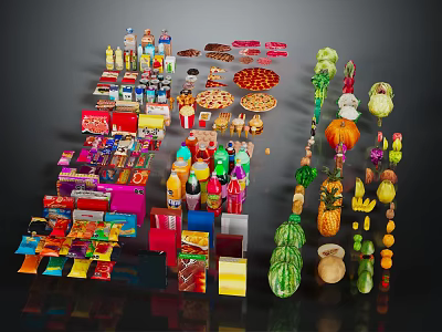 Colorful Assorted Food Display With Fresh Fruits Vegetables And Packaged Snacks Beverages 3d model