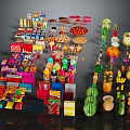 Colorful Assorted Food Display With Fresh Fruits Vegetables And Packaged Snacks Beverages