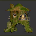 Enchanting Treehouse Architecture With Green Roof Orange Tiles Balcony Vines And Lit Windows