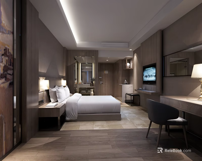 Modern Hotel Room Interior Design With Bed Nightstand TV Mirror Desk And Chair 3d model 