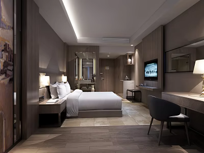 Modern Hotel Room Interior Design With Bed Nightstand TV Mirror Desk And Chair 3d model