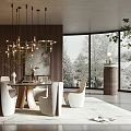 Elegant Modern Restaurant Interior With Wooden Walls Chandelier Round Dining Table And White Chairs