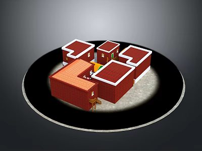 Red Roof Connected Buildings With White Trim And Small Windows On Circular Base 3d model