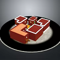 Red Roof Connected Buildings With White Trim And Small Windows On Circular Base