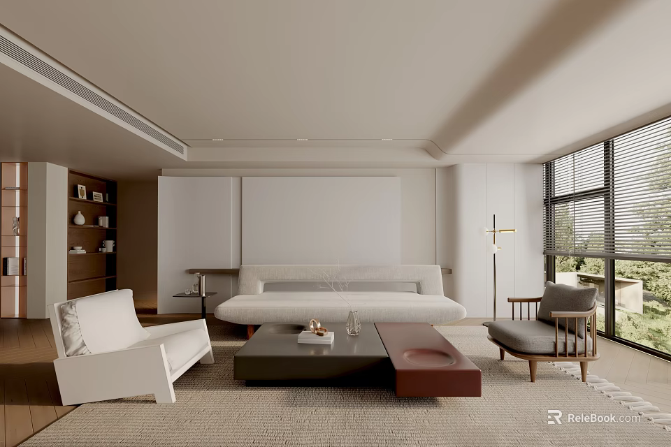 Modern Living Room Interior With Sofa Coffee Table Armchair Bookshelf And Large Window 3d model 