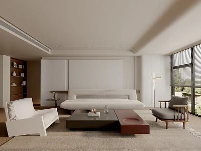 Modern Living Room Interior With Sofa Coffee Table Armchair Bookshelf And Large Window 3d model