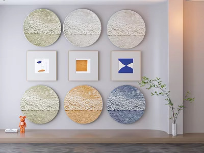 Abstract Paintings Circular And Square Textured Soft Green Beige Orange Blue Displayed On Wall 3d model