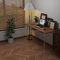 Decorative Ornament Set with Table Lamp Green Plant and Photo Frames on Wooden Desk