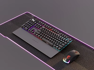 Gaming Keyboard And Mouse With RGB Lighting On Illuminated Mouse Pad 3d model