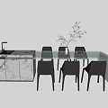 Modern Dining Table Set With Glass Top Black Chairs Marble Island And Green Plant