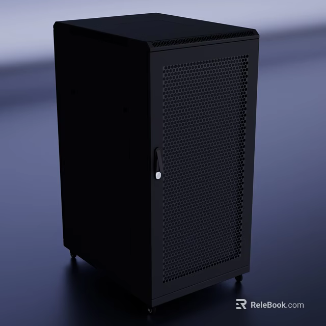 Sturdy Black Mesh Door Equipment Cabinet With Lock And Rolling Wheels 3d model 