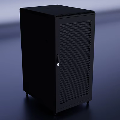 Sturdy Black Mesh Door Equipment Cabinet With Lock And Rolling Wheels 3d model