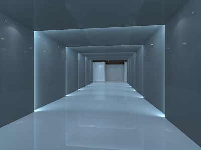 Modern Long Office Corridor With Blue Tones Sleek Floor Light Strips And Reflective Effect 3d model