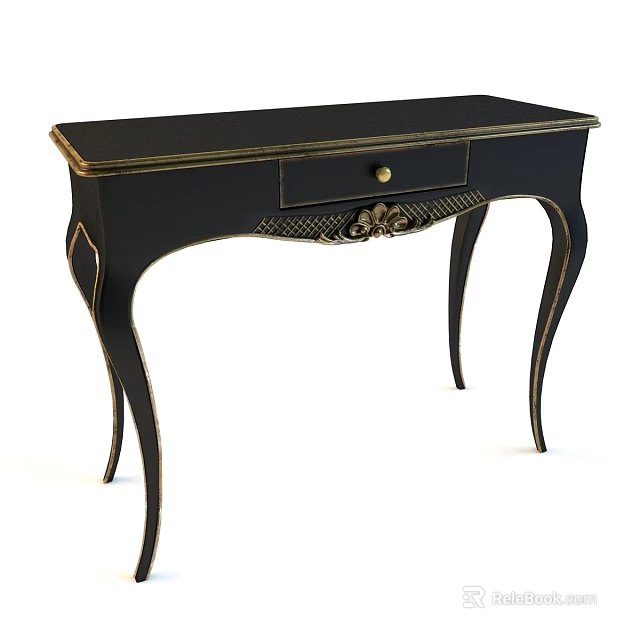 Elegant Black Console Table With Gold Accents Drawer Decorative Detailing And Curved Legs 3d model 