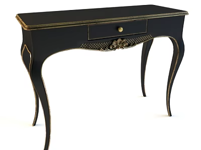 Elegant Black Console Table With Gold Accents Drawer Decorative Detailing And Curved Legs 3d model