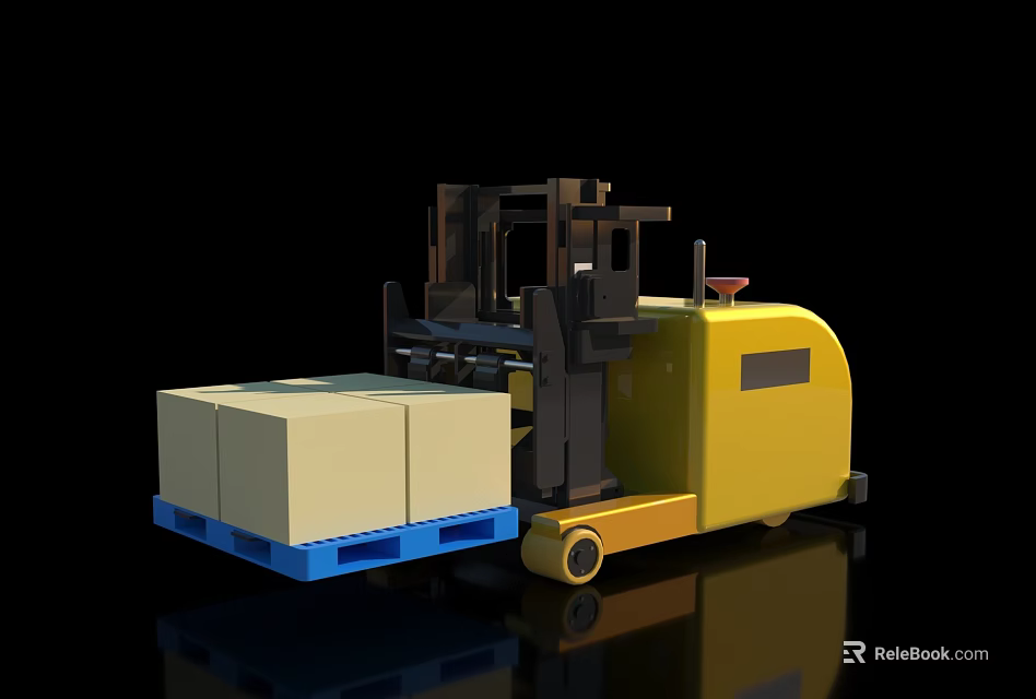 Efficient Yellow Industrial Forklift Transporting White Boxes On Blue Pallet 3d model