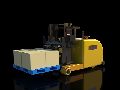 Efficient Yellow Industrial Forklift Transporting White Boxes On Blue Pallet 3d model