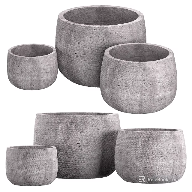 Gray Textured Decorative Set With Various Sizes Concrete Vases For Home Decoration 3d model 