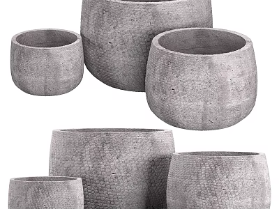 Gray Textured Decorative Set With Various Sizes Concrete Vases For Home Decoration 3d model