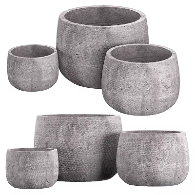 Gray Textured Decorative Set With Various Sizes Concrete Vases For Home Decoration 3d model