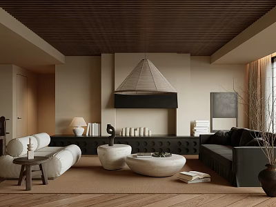 Modern Living Room Interior Design With Wooden Ceiling Pendant Light Beige Walls And Round Tables 3d model