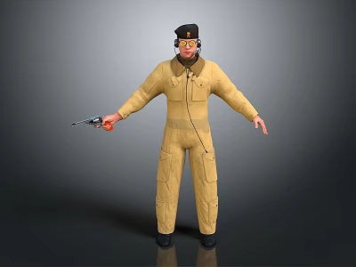 3D Character In Yellow Jumpsuit With Black Cap Headphones And Gun Holding Pose 3d model