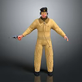 3D Character In Yellow Jumpsuit With Black Cap Headphones And Gun Holding Pose