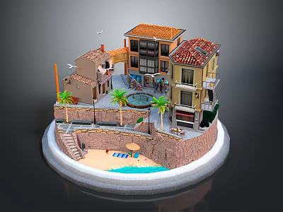 Scenic Mediterranean Buildings with Red Tile Roofs Palm Trees Beach and Stone Steps 3d model