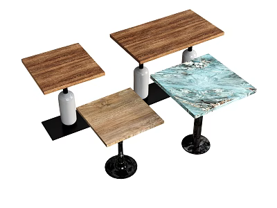 Four Different Dining Tables With Wooden And Blue Textured Tops And Cylindrical Legs 3d model