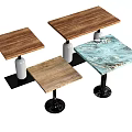 Four Different Dining Tables With Wooden And Blue Textured Tops And Cylindrical Legs
