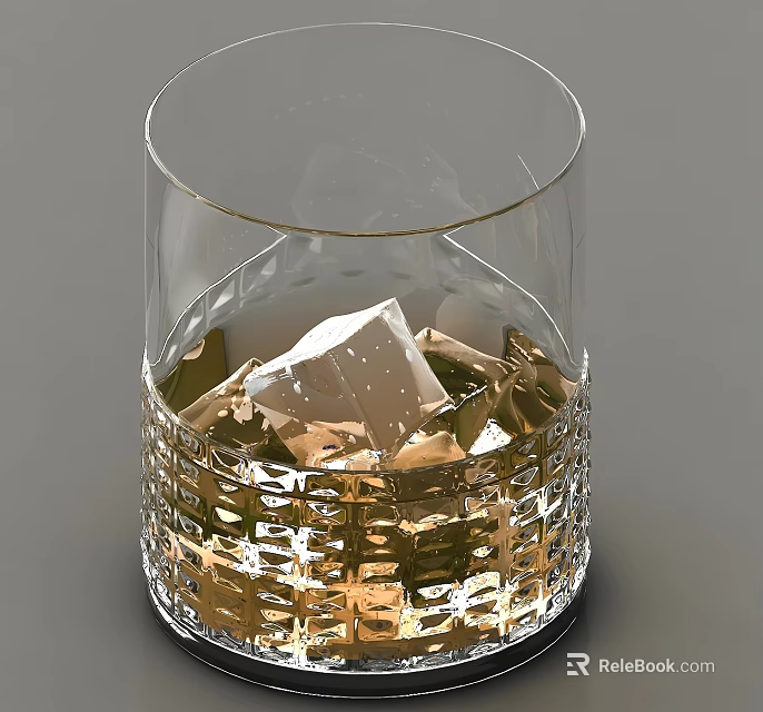 Transparent Glass With Ice Cubes And Golden Liquid 3d model 