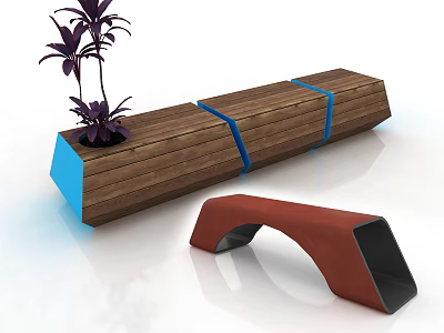 Modern Public Chair Design With Wooden Structure Red Arch And Plant Decoration 3d model