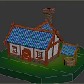 Charming Village Cottage With Blue Tiled Roof White Walls Brick Chimney And Covered Well