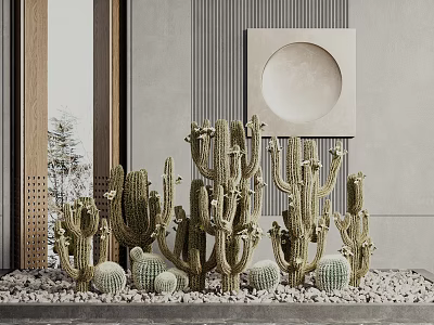 Bonsai Potted Cacti With Gray Wall Wooden Door Frame Round Decorative Painting And Pebble Ground 3d model