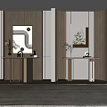 Two Modern Console Tables With Wooden Panel Walls Accent Mirrors Vases And Art Pieces