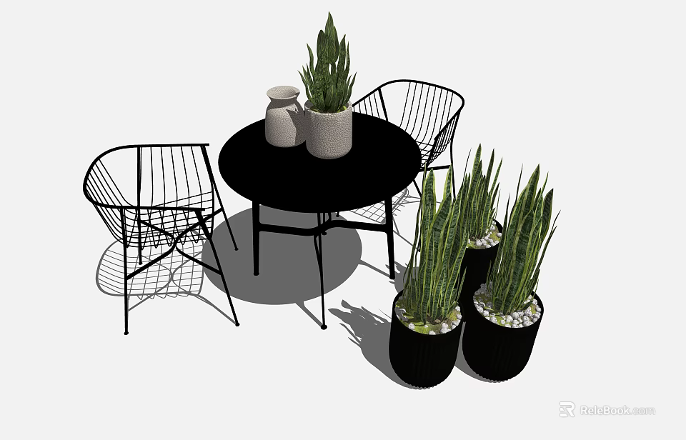 Stylish Wireframe Dining Chairs With Round Black Table And Potted Green Plants 3d model