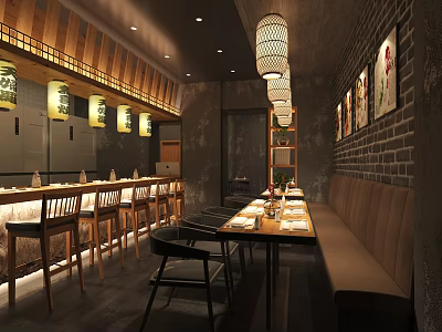 Japanese Inspired Restaurant Interior With Wooden Ceiling Hanging Lanterns Bar Counter And Dining Tables 3d model