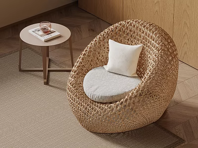 Woven Round Chair With White Cushion Small Table And Wooden Wall On Carpet 3d model