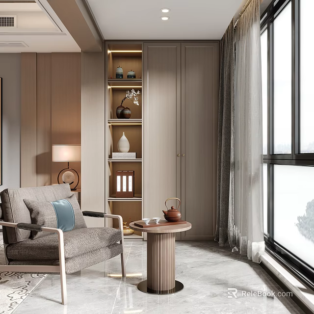Modern Home Balcony with Gray Armchair Blue Cushion Round Side Table and Large Window 3d model 