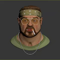 Man With Patterned Bandana Gold Sunglasses Beard Cigarette And Necklace In Green T-shirt