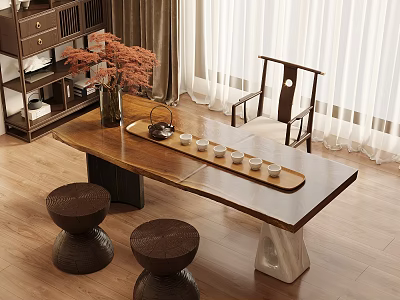 Elegant Traditional Chinese Wooden Tea Table With Tea Tray Cups Vase Chair And Stools 3d model
