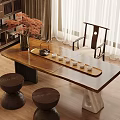 Elegant Traditional Chinese Wooden Tea Table With Tea Tray Cups Vase Chair And Stools