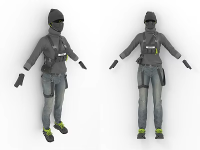 Grey Tactical Clothing With Jeans Black Gloves And Green Laces Shoes 3d model